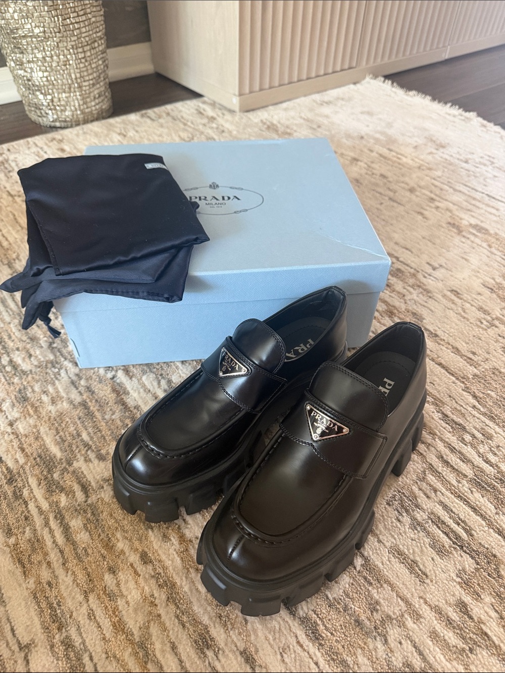New! Full set Prada Black Leather Lug Sole Slip-On Loafers